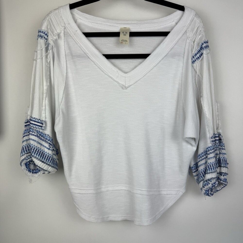 Free People We The Free Bubble Shirt Long Sleeve Top White Blue XSmall V-Neck